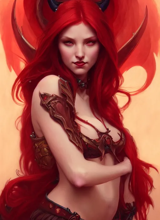 Image similar to a beautiful red haired woman as a demon, deep focus, d & d, fantasy, intricate, elegant, highly detailed, digital painting, artstation, concept art, matte, sharp focus, illustration, hearthstone, art by artgerm and greg rutkowski and alphonse mucha