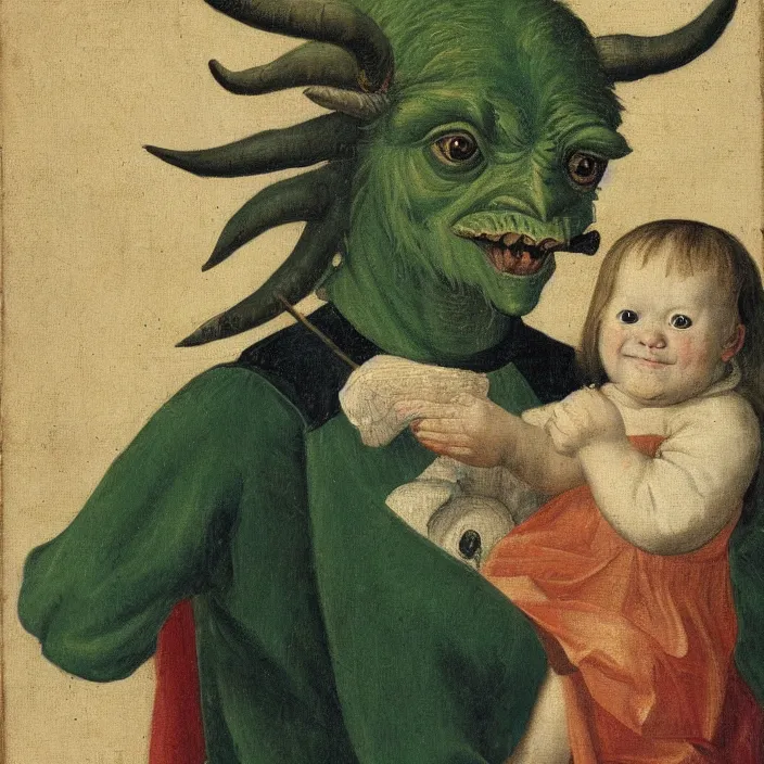 Prompt: a green - horned goblin holding a child, early netherlandish painting,