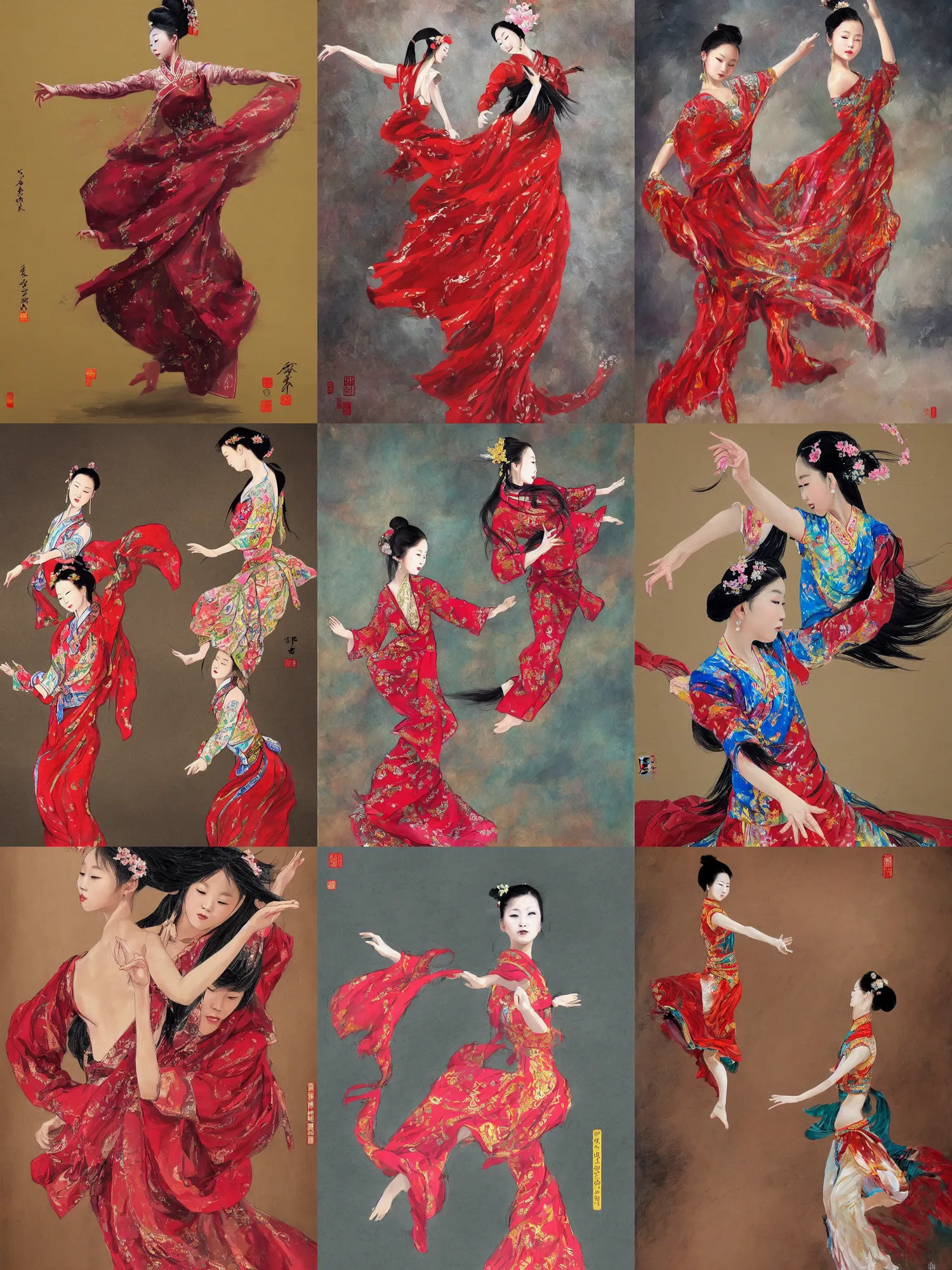 Prompt: Beautiful expressive painting of a young Chinese girl dancing, traditional flowing dress, royal, elegant, digital art, smooth skin