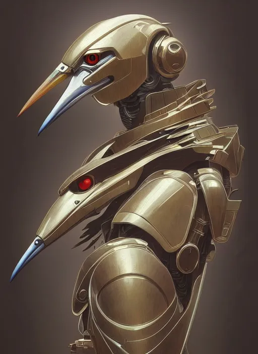 Prompt: portrait of anthropomorphic mecha - boat - billed heron mint - panel beater, intricate, elegant, highly detailed animal monster, digital painting, artstation, concept art, smooth, sharp focus, illustration, art by artgerm and greg rutkowski and alphonse mucha, 8 k