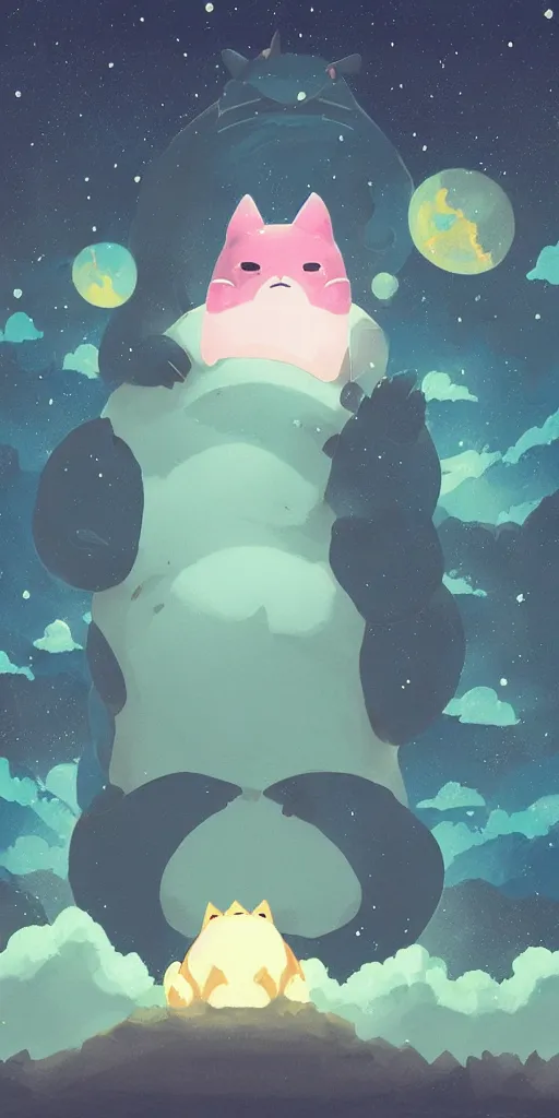 Image similar to glowing snorlax totoro, mountain landscape, night sky, digital art, digital painting, celestial, majestic, colorful