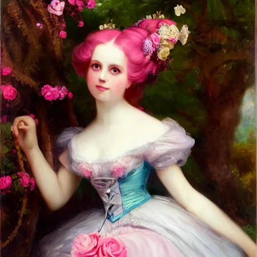 Image similar to Alice in Wonderland,a portrait of a beautiful Pink hair girl,Diamonds Blaze,Rose twining,luxuriant,dreamy, eternity, romantic,highly detailed,in the style of Franz Xaver Winterhalter, highly detailed,in the style of Aetherpunk