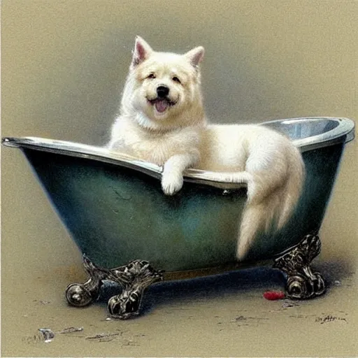 Image similar to ( ( ( ( ( cute dog inside a bathtub. muted colors. ) ) ) ) ) by jean - baptiste monge!!!!!!!!!!!!!!!!!!!!!!!!!!!