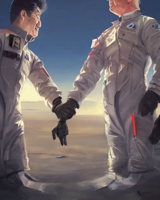 Image similar to donald trump and shinzo abe facing each other off dressed in spaceship pilot dresses shaking hands, portrait, illustration, rim light, top light, perfectly shaded, spring time, slight overcast lighting, soft painting, art by krenz cushart and wenjun lin