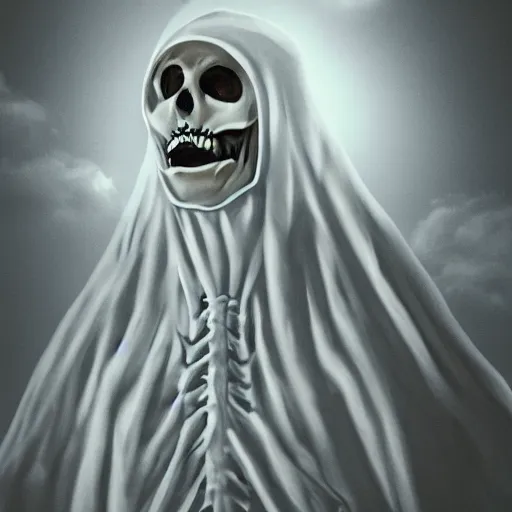 Prompt: a scary skeleton in white cloak smiling to the wiever