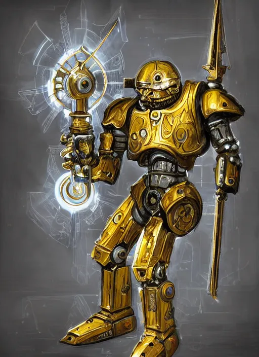 Image similar to full body, dynamic attack position abstract portrait of a intricate glorious holy mechanical warforged character in yellow armor holding a paladin engraved great longsword drawn and carrying a big paladin shield, glowing!!!! eye!!!!!, face in focus, pit droid, epic , trending on ArtStation, masterpiece, cinematic lighting, by Ross Tran and by Greg Rutkowski