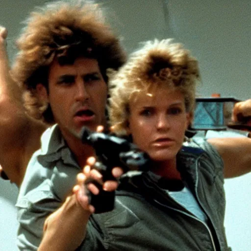 Prompt: still photo from the filming of the best 8 0's action movie
