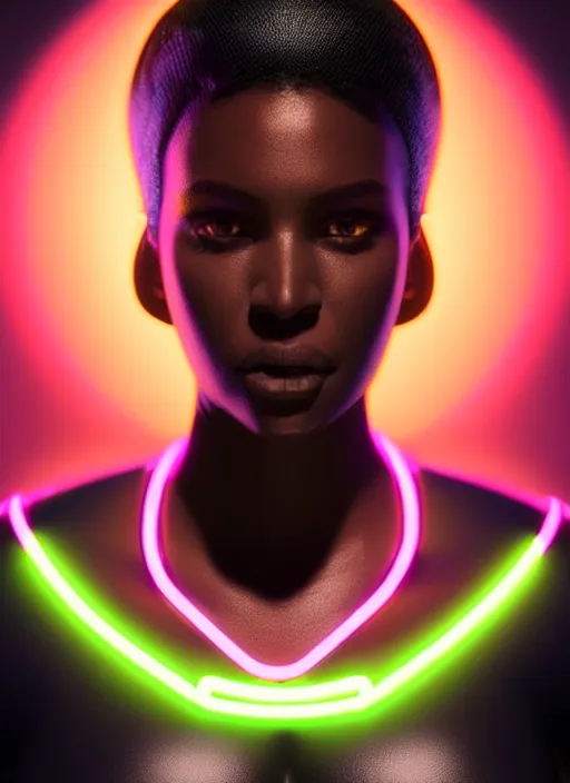 Image similar to photorealistic portrait of black american female humanoid, cyber neon lights, highly detailed, cyberpunk high fashion, gen z, crispy quality, trending in artstation, trending in pinterest, glamor pose, no signature, no watermark, cinematic, octane render, art by artgerm and greg rutkowski and pascal blanche