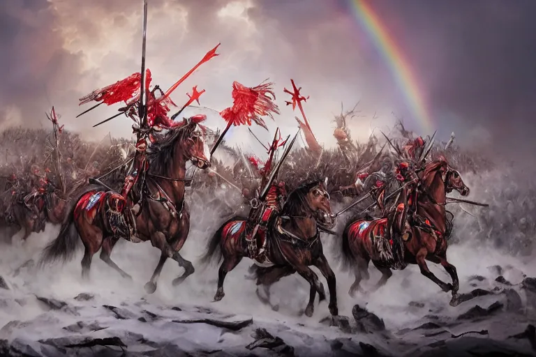 Prompt: Majestic powerfull red white Winged Hussars cavalry horde charging at ugly rainbow demons and trolls on ground, huge golden cross above them on the sky, white red eagle helping hussars, blood, snow, wide angle, professional kodak lenses, magic, fire, face painting, dramatic lighting, intricate, wild, highly detailed, digital painting, artstation, concept art, smooth, sharp focus, illustration, art by artgerm and greg rutkowski and alphonse mucha, footage from space camera