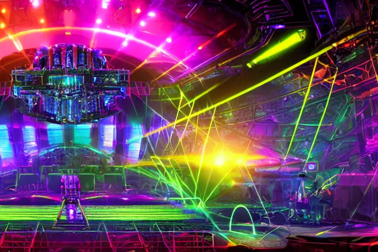 Image similar to a concert stage, big glowing letters over the stage tripmachine, center of the stage is a big futuristic steampunk generator surrounded by speaker towers, rock musicians on the stage, laser show, 8 k, fluorescent colors, halluzinogenic, multicolored, exaggerated detailed, unreal engine