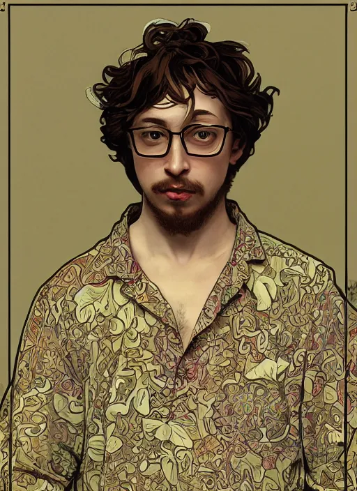 Prompt: Sam Hyde wearing luxuruous hawaiian vintage shirt, rule of thirds, accurately portrayed, portrait art by alphonse mucha and greg rutkowski, highly detailed, digital painting, concept art, illustration, ethereal lighting with twilight rays of sunlight, trending on artstation, very detailed, smooth, sharp focus, octane render, close up