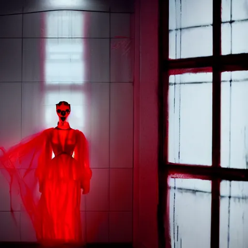 Prompt: cinematic portrait of a runaway bride of frankenstein replicant with bright make up and a red translucent plastic raincoat in an empty room, still from the movie bladerunner, fashion photography, a neon sign is in the background