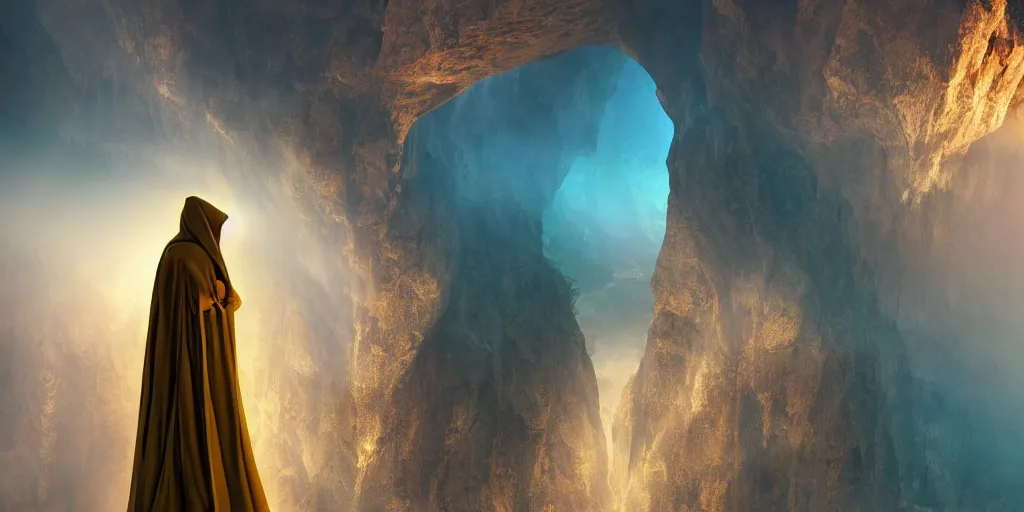 Prompt: ! dream a cloaked figure looking over a canyon, watching a beam of light fire into the sky, figure wearing gold and turquoise silken robe and hijab, jin kagetsu, masterpiece, award winning, misty morning, sharp focus, intricate concept art, 2 0 0 mm lens, hyperrealistic photography, lighting, 4 k, artstation