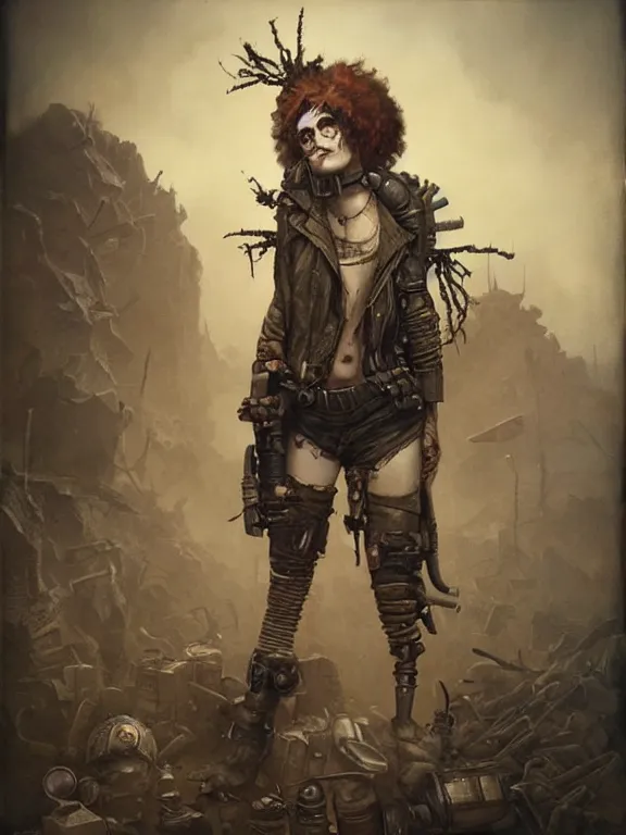 Prompt: a punk portrait of how to survive in a wasteland with shadowy eyes and sepia hair, with cracked parched lips, hyperrealistic, award-winning, in the style of Tom Bagshaw, Cedric Peyravernay, Peter Mohrbacher