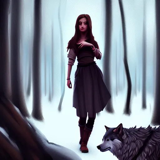 Image similar to a pretty girl surrounded by wolves, in the woods, digital painting, photorealistic, in the style of greg rutkowski, full body, detailed face