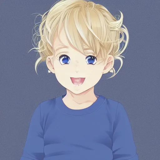 Prompt: A medium shot anime portrait of a little smiling anime girl child with thin curly light ash blonde short hair and light blue eyes, blue-eyed, chubby face, very young, toddler, baby, a few large curls, medium shot portrait, her whole head fits in the frame, solid color background, flat anime style shading, head shot, bold lines, 2d digital drawing by Stanley Artgerm Lau, WLOP, Rossdraws, James Jean, Andrei Riabovitchev, Marc Simonetti, and Sakimi chan, trending on artstation