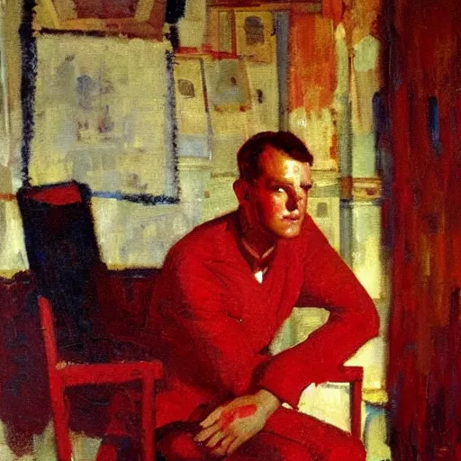 Image similar to man in red room in a chair, dean cornwell style