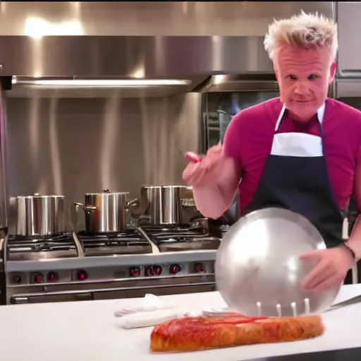 Image similar to hyper real Gordon Ramsey cooking a unicorn in kitchen 4k