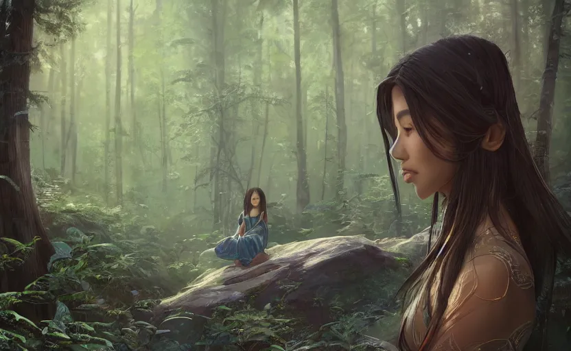 Prompt: beautiful Himalayan woman, sci-fi tibetan fashion, brown very very long hair, somber, scene of a summer forest with glowing blue lilies, dramatic light, wide angle, , dramatic angle , 8k hdr pixiv by Makoto Shinkai and Wojtek Fus, rossdraws, ambient occlusion