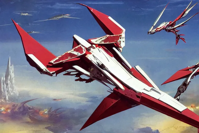 Prompt: a pteranodon mecha fighter, white john berkey armor panels, wine-red trim, skull insignia, robotech styling with Kanji markings, boeing concept art painting