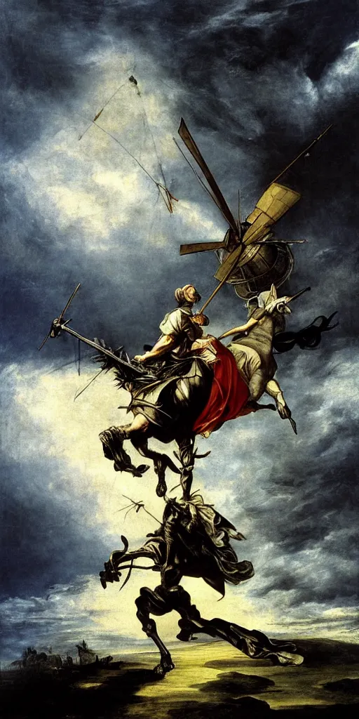 Image similar to don quixote fighting with an anthropomorphic windmill of lamancha during a stormcloud with dramatic airbrushed clouds over black background by Luis royo and Caravaggio, realistic