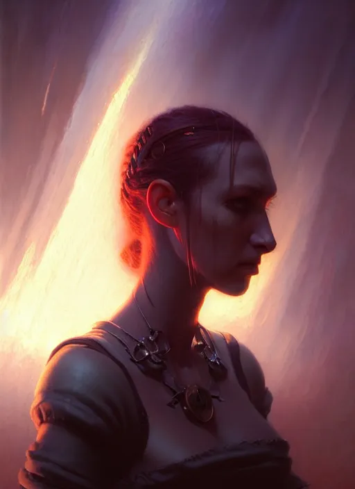 Prompt: closeup realistic portrait of a female necromancer, backlit, oil painting, concept art, filip hodas, john howe, mike winkelmann, jessica rossier, andreas rocha, bruce pennington, albert bierstadt, peter mohrbacher, donato giancola, joseph christian leyendecker, wlop, boris vallejo