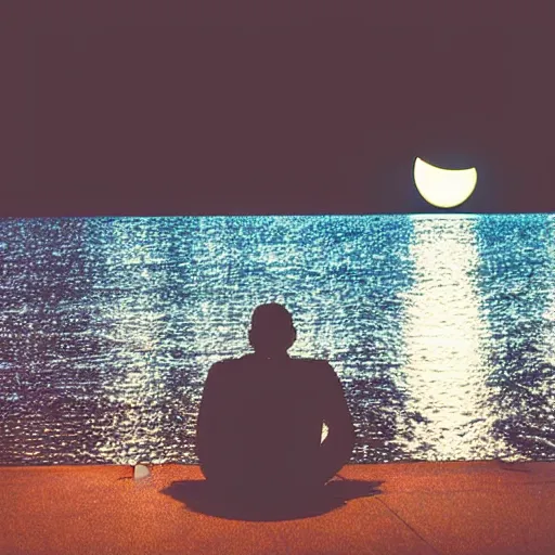 Image similar to a man siting in front of water looking at the moon light in the night