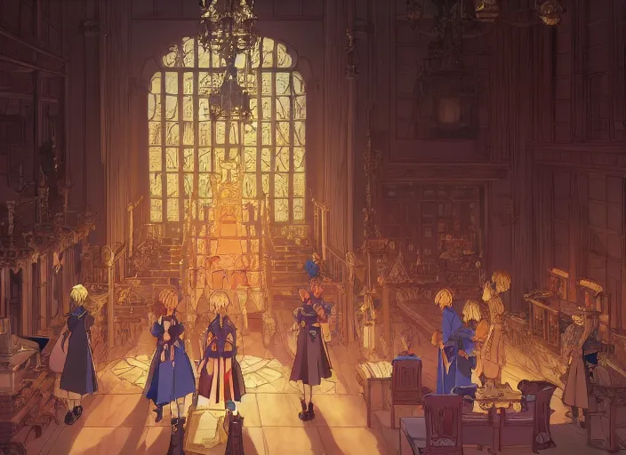 Image similar to key anime visual portrait of a castle's main hall interior with throne, servants, nobles, dynamic pose, dynamic perspective and angle, cinematic, film grain, designed by yoh yoshinari, detailed, intricate, at night, dramatic lighting, costumes by mika pikazo