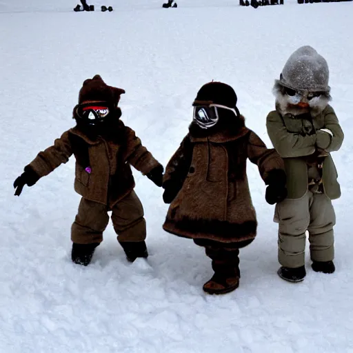 Prompt: baby steampunk snowtroopers on hoth having a snowball fight, action still, by cameldeath