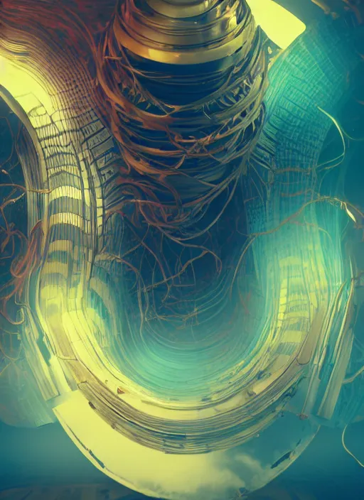 Image similar to subsurface scattering, striped mecha, cgsociety, translucent, wooden art nouveau swirls with electricity running through them, organic fractals, colored smoke, gold cables, in the style of ruan jia and beeple and giger, mystical colors, back light, rim light, dramatic lighting, 8 k, stunning scene, raytracing, octane render