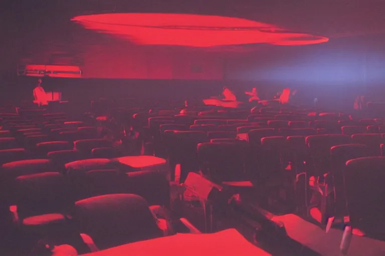 Prompt: a dark conference hall, half - occupied with people, atmospheric and obscure, red neon light, by roger deakins, cinematography, syd mead