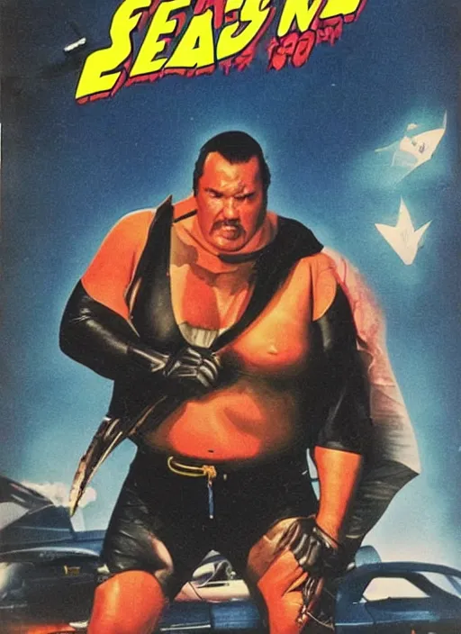 Image similar to an 8 0's john alvin action movie poster starring steven seagal face as a fat bat man superhero the movie is called fat batman