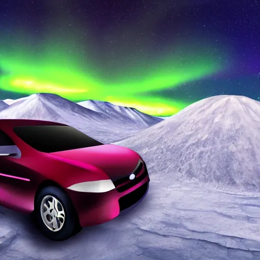 Image similar to car on a mountain. background is epic sky at night with northern lights. photorealistic. iridescent.