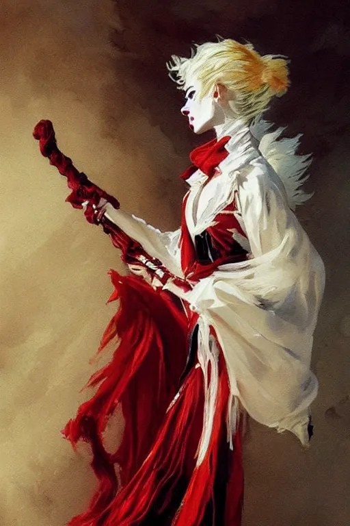 Image similar to a vampire with long light white hair and a red scarf, windy, ribbons, melancholic, modern maximalist harlequin fashion dress, is ( ( holding a golden sword ) ). light dust, magnificent, hyperdetailed, theatrical, painted by jean honore fragonard and greg rutkowski