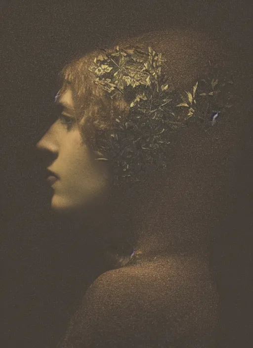 Prompt: a woman's face in profile, made of luminescent foliage, in the style of the Dutch masters and Gregory Crewdson, dark and moody, plain black background