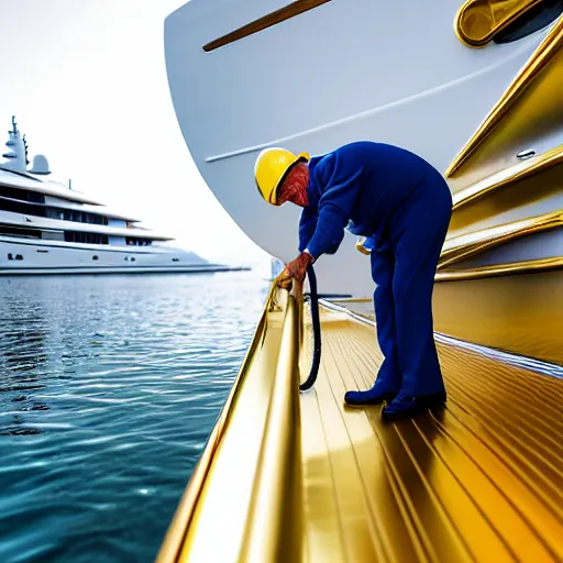 Prompt: wrinkled hunchbacked old butler polishing painting the side of a gold plated mega yacht with a cloth, maintenance photo