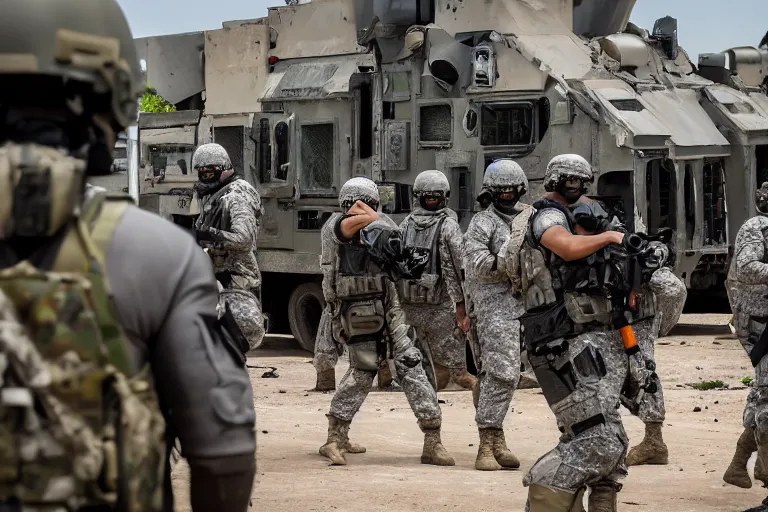 Image similar to Mercenary Special Forces soldiers in grey uniforms with black armored vest and black helmets behind an MRAP in urban warfare in Cambodia as artillery explodes 2022, Canon EOS R3, f/1.4, ISO 200, 1/160s, 8K, RAW, unedited, symmetrical balance, in-frame, combat photography