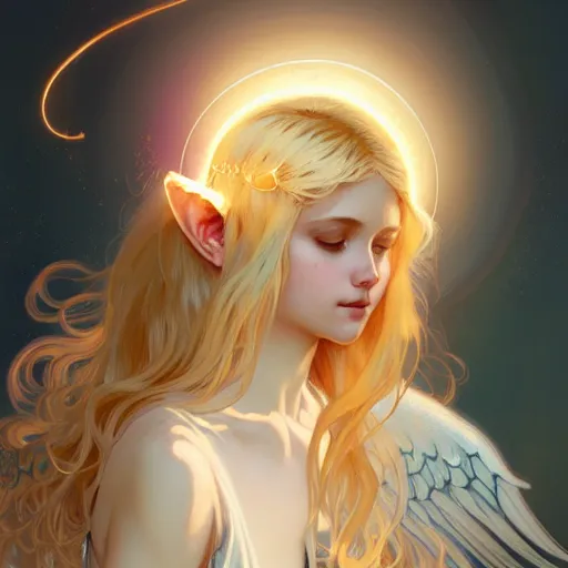 Image similar to A girl angel with blonde hair, cat ears, glowing halo, wings, fantasy, intricate, elegant, highly detailed, digital painting, artstation, concept art, smooth, sharp focus, illustration, art by Krenz Cushart and Artem Demura and alphonse mucha