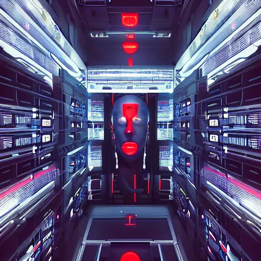 Prompt: professional painting of monumental conscious supercomputer with huge - cybernetic - face!!!! in the center of endless colossal server room talking with small people, trending on artstation, cyberpunk, sci - fi, futuristic, by greg rutkowski and maciej kuciara, high quality, perspective depth