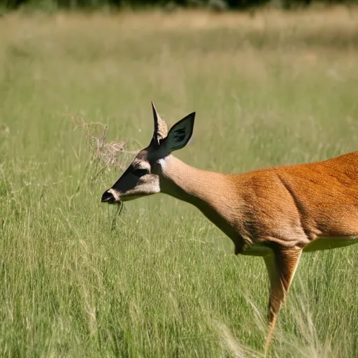 Prompt: stock photo of a white tailed deer eating grass