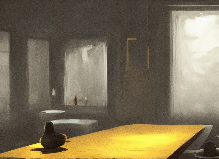 Prompt: dark liminal room, lemon sits idly on a centered table, eerie atmosphere, dark dramatic lighting, trending on artstation