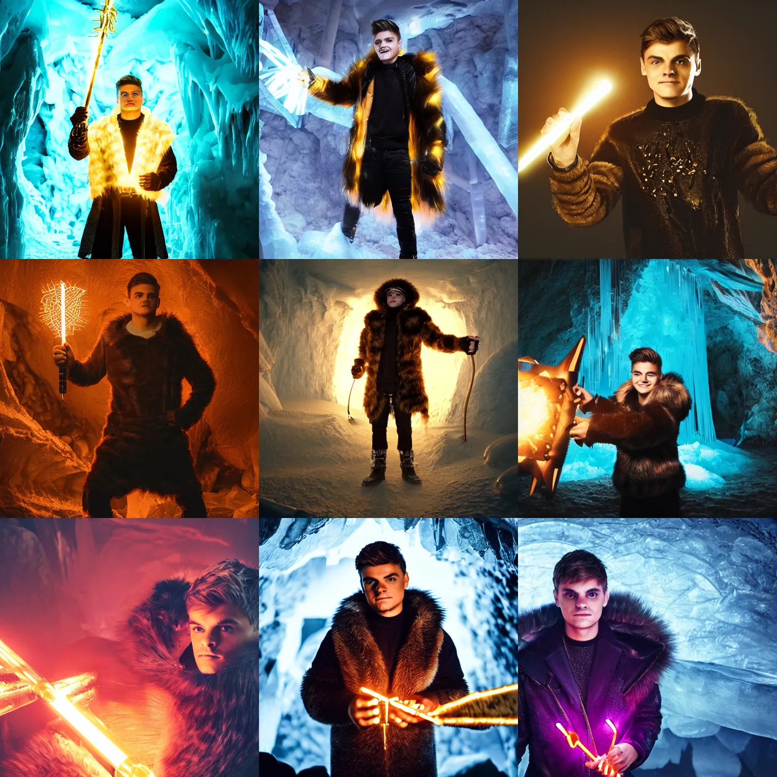 Prompt: Martin Garrix wearing a fur barbarian tunic holding a glowing golden magical wand with electrical bolts emitting from it. In a cave made of ice. Trending on Artstation, octane render, ultra detailed, art by Ross tran
