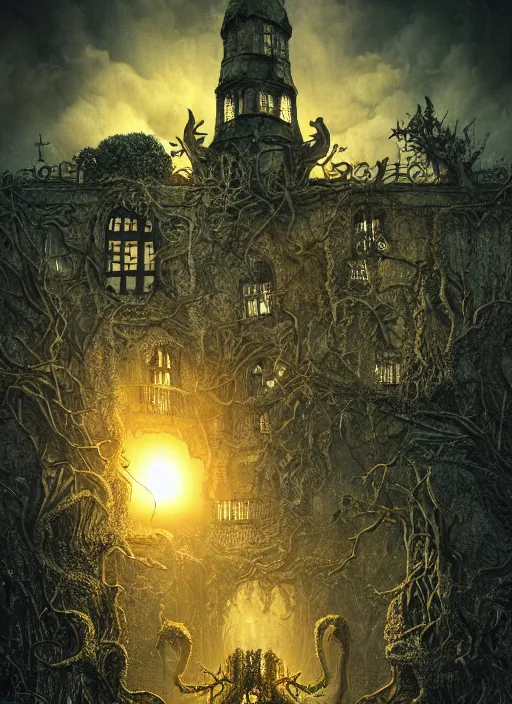 Image similar to a photorealistic dramatic hyperrealistic render of an eerie haunted house in pan's labyrinth at sunset by joe fenton, color poster art design, intricate details, beautiful dynamic dramatic dark moody tones and lighting, shadows, cinematic atmosphere, octane render, 8 k