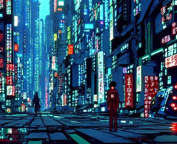 Prompt: cyberpunk street view, film still from japanese animated cyberpunk film Akira movie with art direction by Katsuhiro Otomo, wide lens