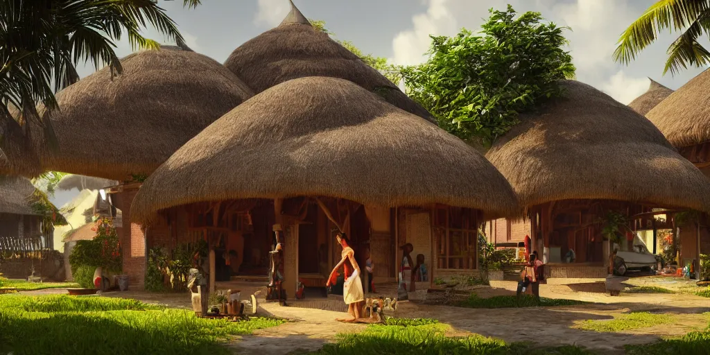 Image similar to kerala village with thatched houses designed by zaha hadid, sharp focus, wide shot, trending on artstation, masterpiece, by greg rutkowski, by ross tran, by fenghua zhong, octane, soft render, ultrarealistic, colorful, cinematic