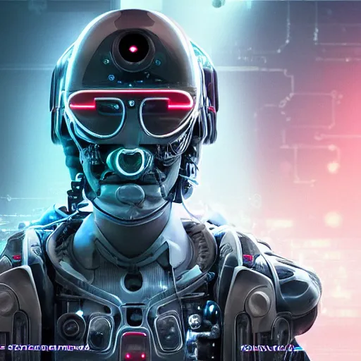 Prompt: photoreal portrait of a futuristic intricate angry robot in a infinity server bunker of singularity, intricate malfunctioning open circuits, glittering light leaks, harmonic electromagnetic waves, blue glowing agressive led eyes, wearing a very bionic intricate wwii combat flight mask and goggles, octane render, trending on artstation, cyberpunk, dystopia tokyo, by aardman entertainment