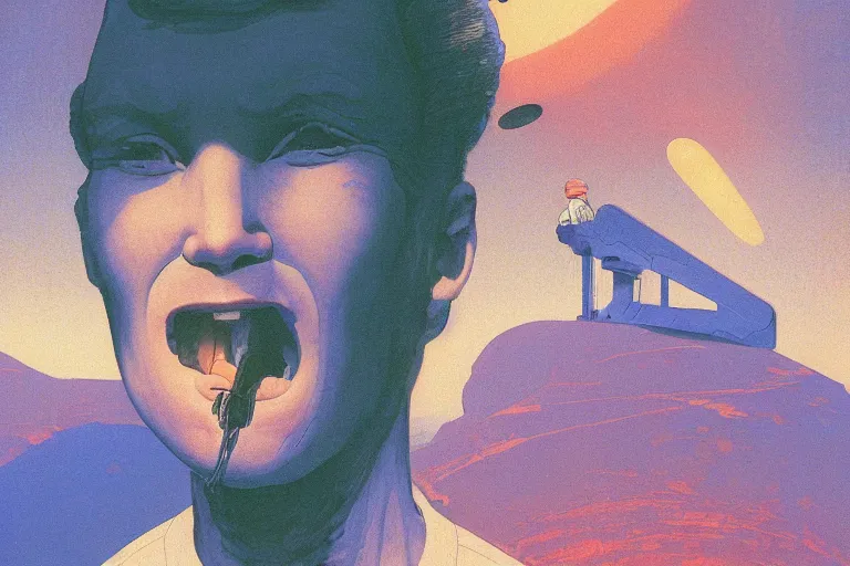 Image similar to a scifi closeup portrait of a young british man licking a blotter paper of LSD acid on his tongue and dreaming psychedelic hallucinations in cosmos, by kawase hasui, moebius, Edward Hopper and James Gilleard, Zdzislaw Beksinski, Steven Outram colorful flat surreal design, hd, 8k, artstation