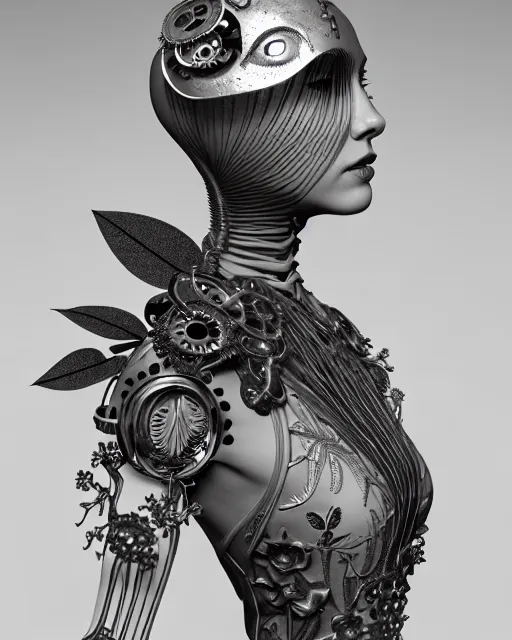 Image similar to monochrome 3 d model, 1 9 4 0 picture, floral silver steampunk biomechanical beautiful young female cyborg with porcelain profile face and a techno eye, volumetric light, leaves foliage and stems, hibiscus flowers, sinuous fine roots, fine foliage lace, alexander mcqueen, rim light, big gothic fashion pearl embroidered collar, octane render, 8 k