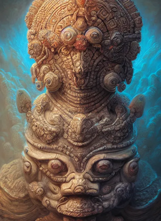 Prompt: Helmet of a forgotten Mayan Deity, ivory, corals, extremly detailed digital painting, in the style of Tomasz Alen Kopera and Fenghua Zhong and Peter Mohrbacher, mystical colors, rim light, beautiful lighting, 8k, stunning scene, raytracing, octane, trending on artstation