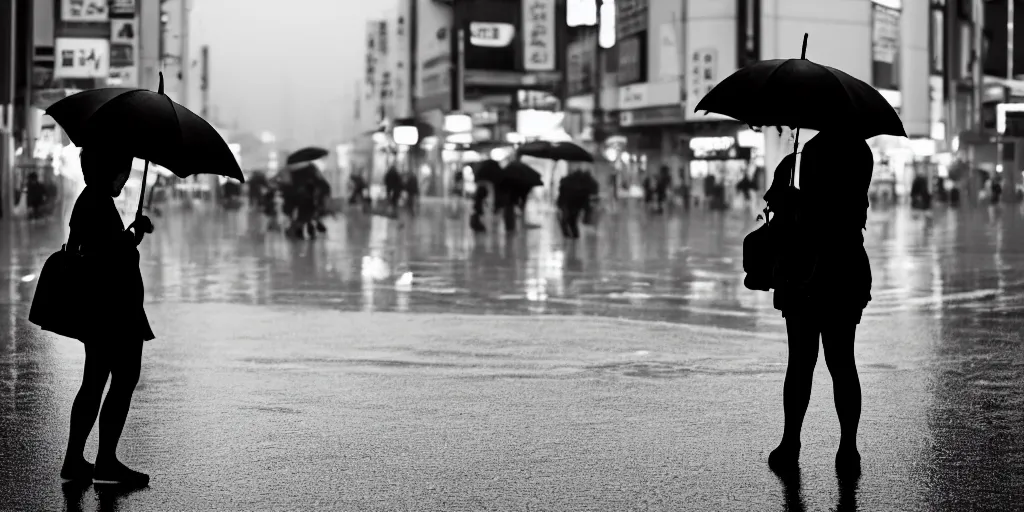 Image similar to A lonely woman with an umbrella waiting to cross Shibuyas crossing in Japan, back facing the camera, rainy afternoon, dramatic contrasting light